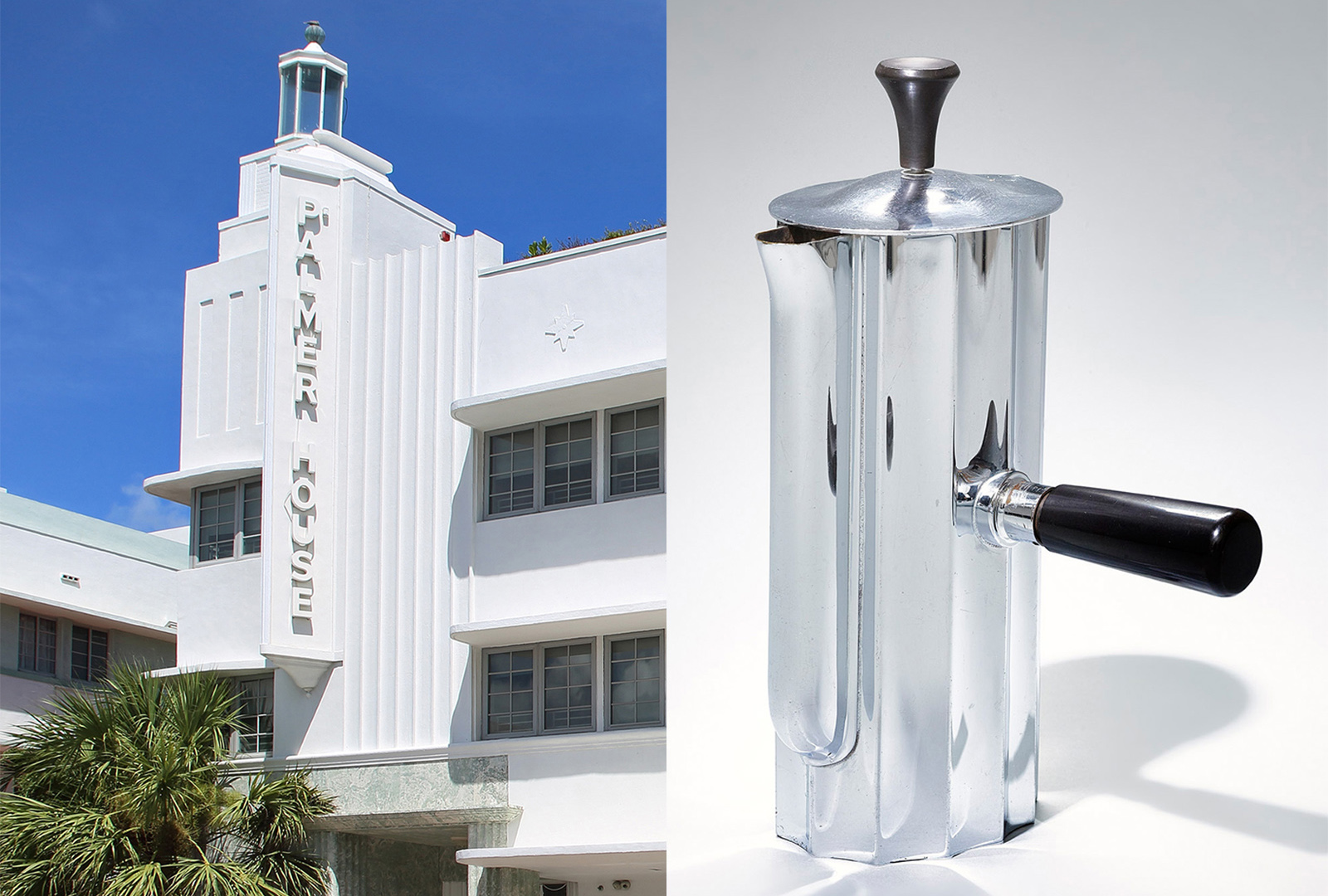 An Art Deco style hotel and a chrome plated coffee pot in Art Deco style