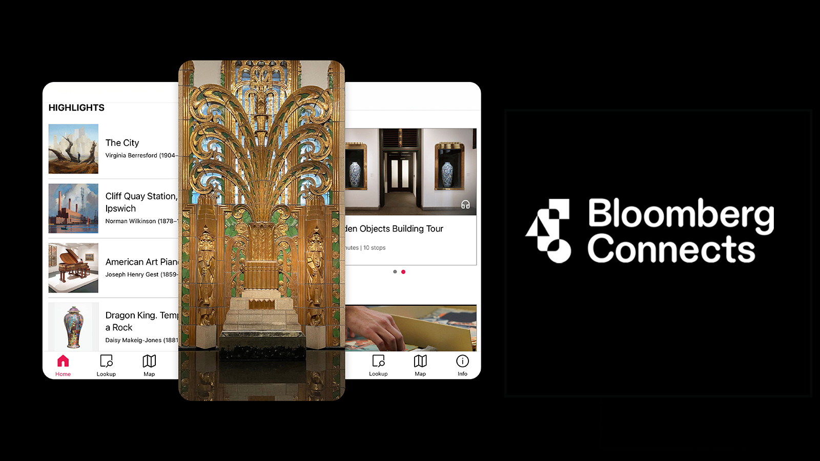  A smartphone displaying a museum app screen with tour and exhibition highlights. To the side, Bloomberg Connects and a QR code are shown on a black background.